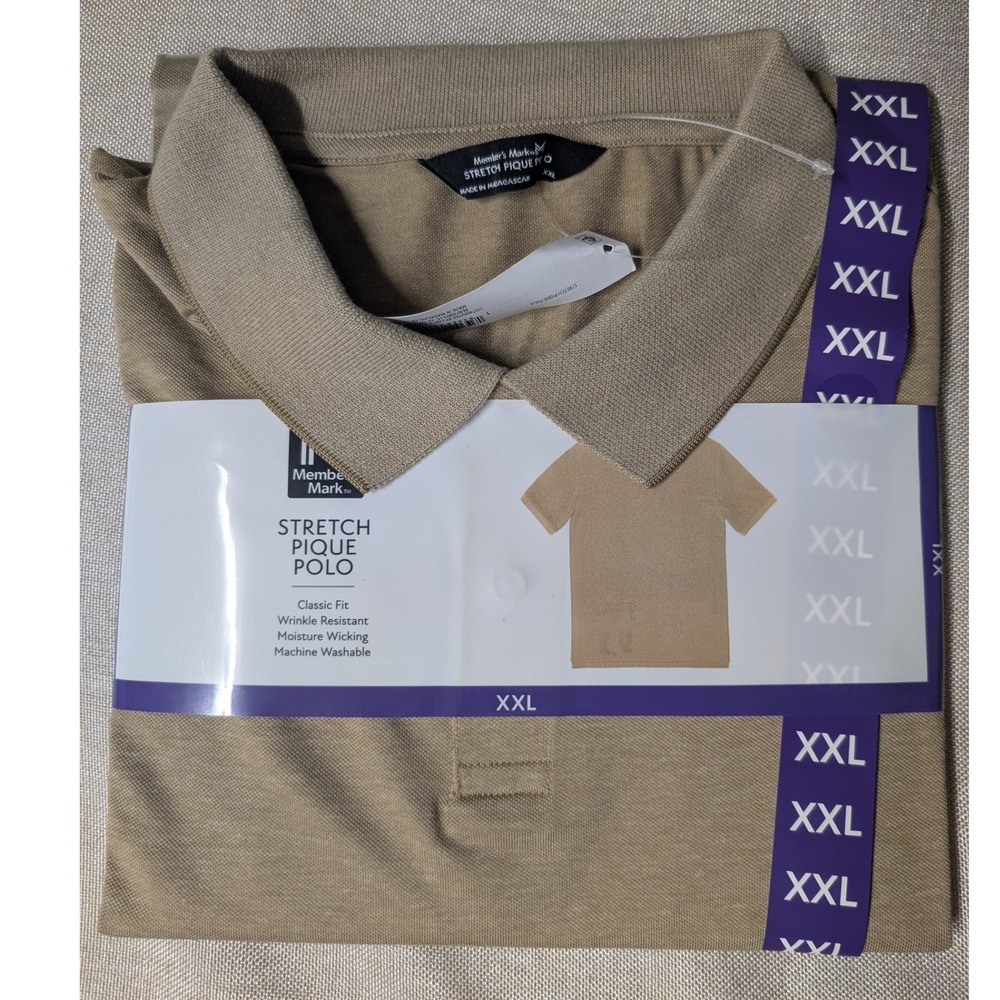 Member's Mark Stretch Pique Polo Mens XXL Tan NWT Moisture Wicking Classic Fit